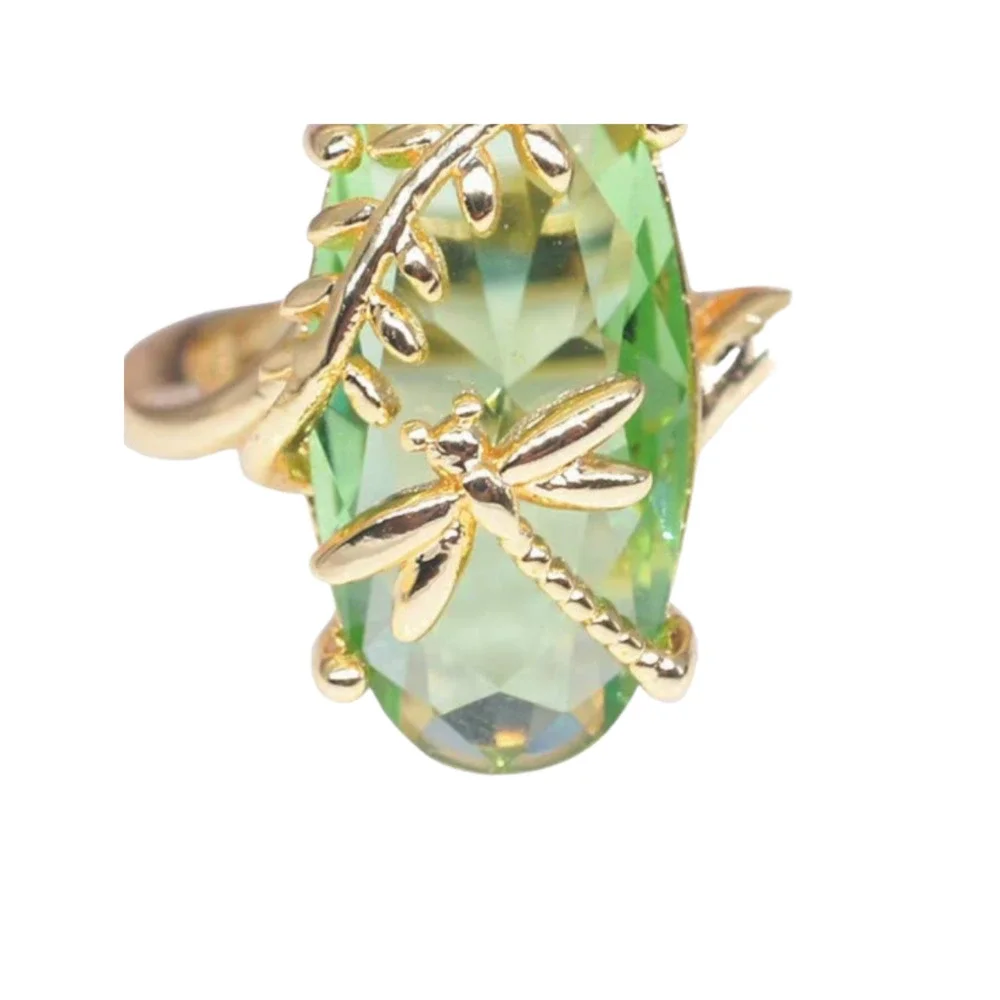 Dragonfly Green Gold Cocktail Ring Big Crystal Statement Ring Reduced Shipping! - Picture 2 of 7